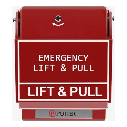 Potter 1000644-28 RMS-6T-EXP-WP-LP Explosion Proof Pull Station, EMERGENCY LIFT and PULL Label, White Text, Red