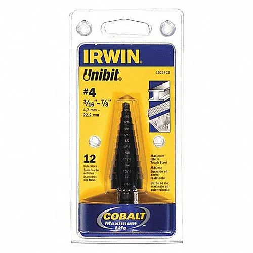 IRWIN 10234CB Unibit 3/16"- 7/8" Cobalt Alloy 12 Steps Steel Step Drill