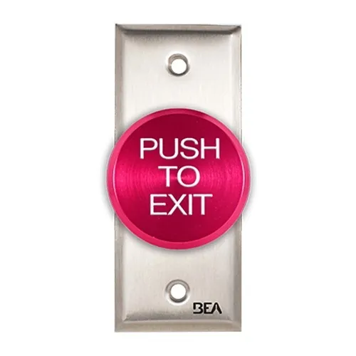 BEA 10ACPBDA1 Pneumatic Push Button, Jamb Plate, Oversized 2" Red button, Push to Exit Text, 2.5 AMP 12 to 24V AC/DC