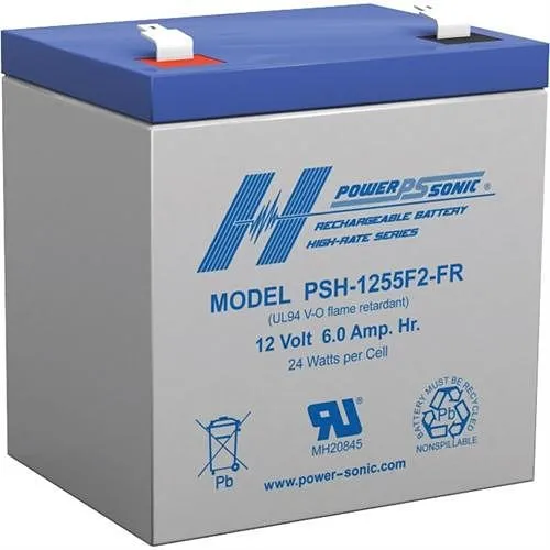 Power Sonic PSH-1255FR PSH Series 12V, 6Ah High-Rate Flame Retardant Rechargeable SLA Battery, F2 Terminals