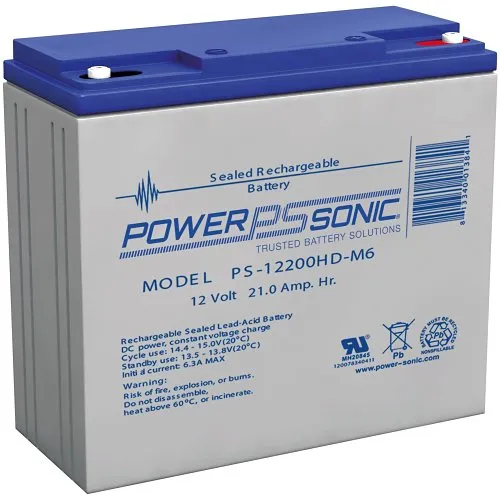 Power Sonic PS-12200HD-M6 PS Series 12V, 21Ah Heavy Duty Rechargeable SLA Battery, T12-A Terminals