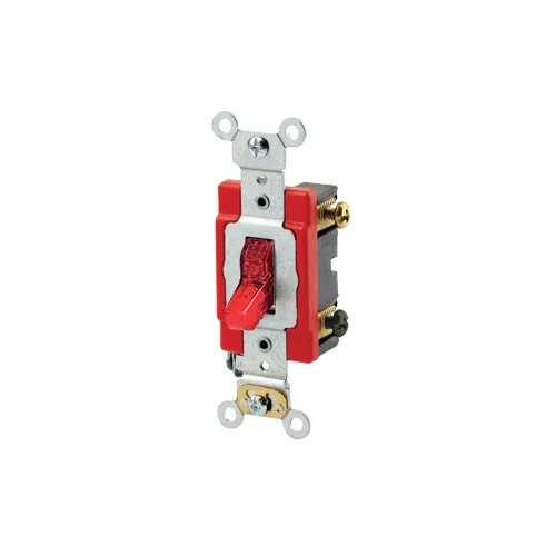 Leviton 1222-PLR Toggle Switch, Pilot Light, Double-Pole, Industrial Grade, 20A 120V, Self Grounding, Back and Side Wired, Red
