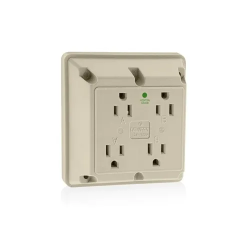 Leviton 1254-HI 4-in-1 Quadruplex 2-Pole 3-Wire Receptacle Outlet, Heavy-Duty Hospital Grade, 15A, 125V, Side Wire, NEMA 5-15R, Ivory