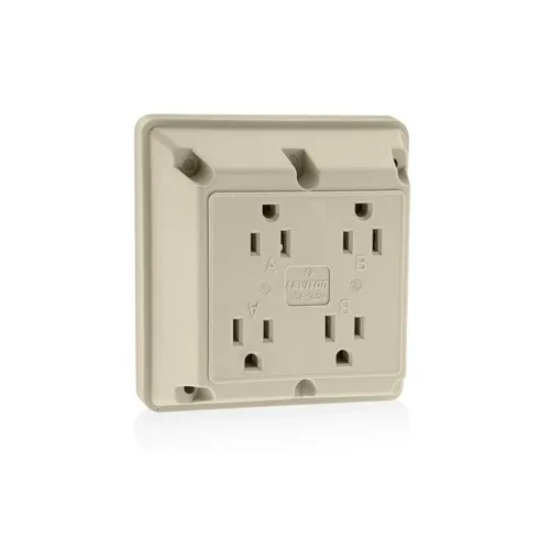 Leviton 1254-I 4-in-1 Quadruplex 2-Pole 3-Wire Receptacle Outlet, Heavy-Duty Industrial Grade, 15A, 125V, Side Wire, NEMA 5-15R, Ivory
