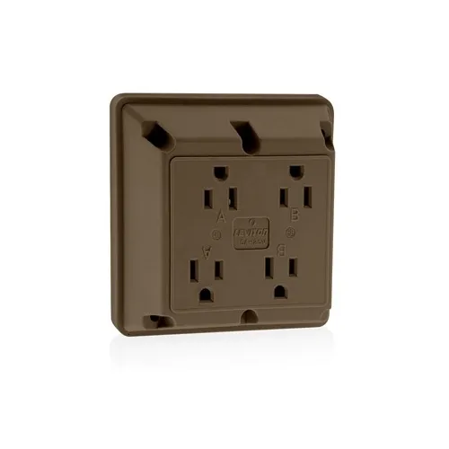 Leviton 1254 4-in-1 Quadruplex 2-Pole 3-Wire Receptacle Outlet, Heavy-Duty Industrial Grade, 15A, 125V, Side Wire, NEMA 5-15R, Brown