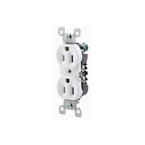 Leviton 12650-W 2-Pole 3-Wire CO/ALR Duplex Receptacle, Straight Blade, Residential Grade, Grounding, Side Wired, 15A, 125V, NEMA 5-15R, Steel Strap, White