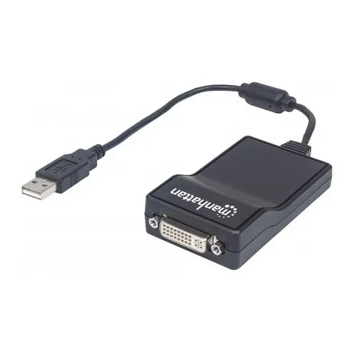 Manhattan 152334 Hi-Speed USB 2.0 Male to DVI-Female Converter, Supports Additional DVI-I Display, HDMI or VGA Display with Adapter, Black