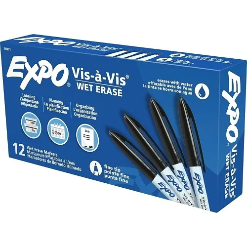 Expo 16001 Vis-a-Vis Wet Erase Marker, Fine Bullet Tip, Black, 12-Pack