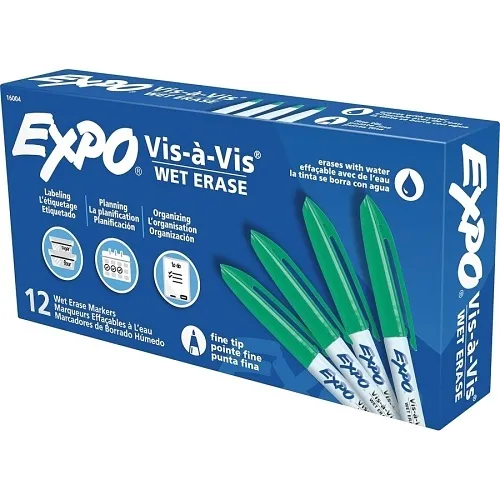 Expo 16004 Vis-a-Vis Wet Erase Marker, Fine Bullet Tip, Green, 12-Pack