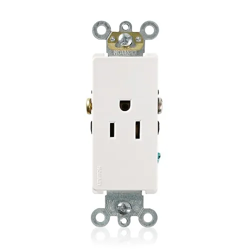 Leviton 16241-W Decora Plus 2-Pole 3-Wire Single Receptacle Outlet, Commercial Grade, Smooth Face, 15A, 125V, Side Wire, Self-Grounding, NEMA 5-15R, White