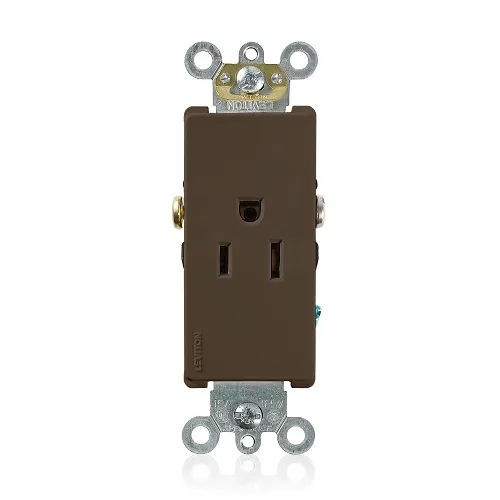 Leviton 16251 Decora Plus 2-Pole 3-Wire Single Receptacle Outlet, Commercial Grade, Smooth Face, 15A, 125V, Back or Side Wire, Self-Grounding, NEMA 5-15R, Brown