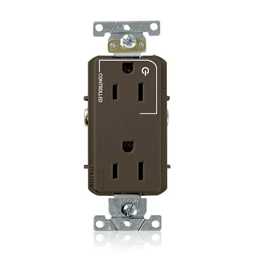 Leviton 16252-1P Decora Plus 2-Pole 3-Wire Duplex Receptacle Outlet, Heavy-Duty Industrial Grade, Split-Circuit, 1-Outlet Marked "Controlled", 15A, 125V, Back or Side Wire, NEMA 5-15R, Brown