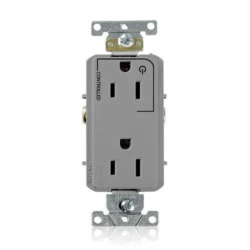 Leviton 16252-1PG Decora Plus 2-Pole 3-Wire Duplex Receptacle Outlet, Heavy-Duty Industrial Grade, Split-Circuit, 1-Outlet Marked "Controlled", 15A, 125V, Back or Side Wire, NEMA 5-15R, Gray