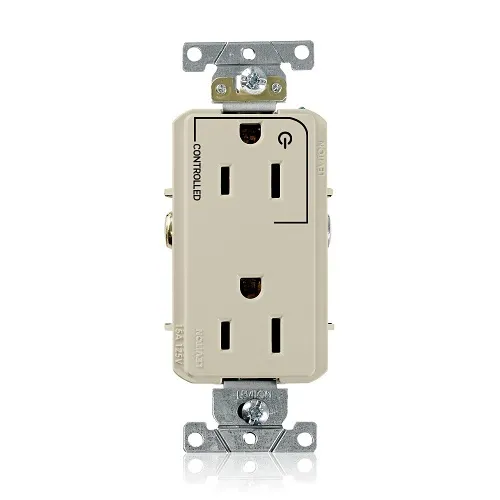 Leviton 16252-1PI Decora Plus 2-Pole 3-Wire Duplex Receptacle Outlet, Heavy-Duty Industrial Grade, Split-Circuit, 1-Outlet Marked "Controlled", 15A, 125V, Back or Side Wire, NEMA 5-15R, Ivory