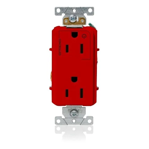 Leviton 16252-1PR Decora Plus 2-Pole 3-Wire Duplex Receptacle Outlet, Heavy-Duty Industrial Grade, Split-Circuit, 1-Outlet Marked "Controlled", 15A, 125V, Back or Side Wire, NEMA 5-15R, Red