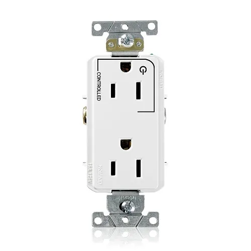 Leviton 16252-1PW Decora Plus 2-Pole 3-Wire Duplex Receptacle Outlet, Heavy-Duty Industrial Grade, Split-Circuit, 1-Outlet Marked "Controlled", 15A, 125V, Back or Side Wire, NEMA 5-15R, White