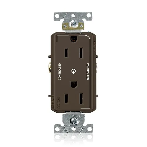 Leviton 16252-2P Decora Plus 2-Pole 3-Wire Duplex Receptacle Outlet, Heavy-Duty Industrial Grade, Split-Circuit, 2-Outlets Marked "Controlled", 15A, 125V, Back or Side Wire, NEMA 5-15R, Brown