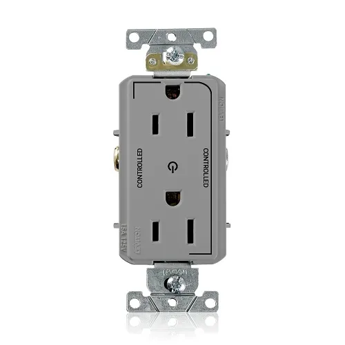 Leviton 16252-2PG Decora Plus 2-Pole 3-Wire Duplex Receptacle Outlet, Heavy-Duty Industrial Grade, Split-Circuit, 2-Outlets Marked "Controlled", 15A, 125V, Back or Side Wire, NEMA 5-15R, Gray