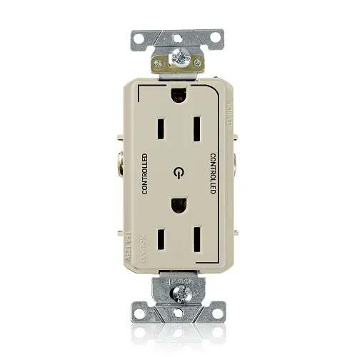 Leviton 16252-2PI Decora Plus 2-Pole 3-Wire Duplex Receptacle Outlet, Heavy-Duty Industrial Grade, Split-Circuit, 2-Outlets Marked "Controlled", 15A, 125V, Back or Side Wire, NEMA 5-15R, Ivory