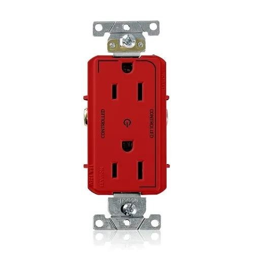 Leviton 16252-2PR Decora Plus 2-Pole 3-Wire Duplex Receptacle Outlet, Heavy-Duty Industrial Grade, Split-Circuit, 2-Outlets Marked "Controlled", 15A, 125V, Back or Side Wire, NEMA 5-15R, Red