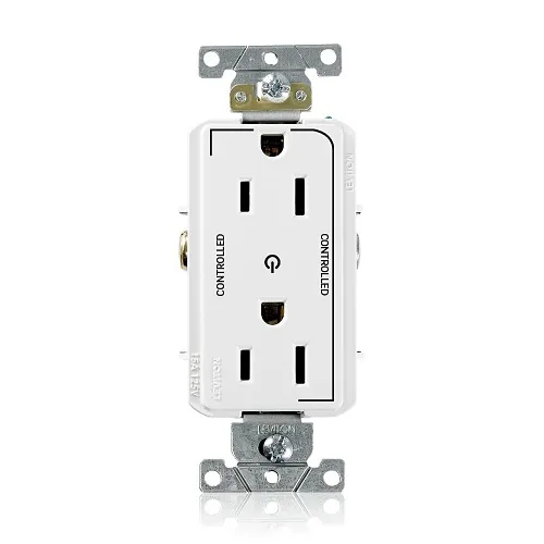 Leviton 16252-2PW Decora Plus 2-Pole 3-Wire Duplex Receptacle Outlet, Heavy-Duty Industrial Grade, Split-Circuit, 2-Outlets Marked "Controlled", 15A, 125V, Back or Side Wire, NEMA 5-15R, White