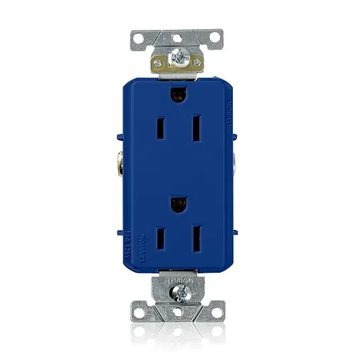 Leviton 16252-BU Decora Plus 2-Pole 3-Wire Duplex Receptacle Outlet, Heavy-Duty Industrial Grade, Smooth Face, 15A, 125V, Back or Side Wire, NEMA 5-15R, Self-Grounding, Blue