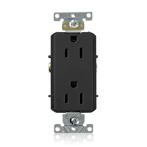 Leviton 16252-E Decora Plus 2-Pole 3-Wire Duplex Receptacle Outlet, Heavy-Duty Industrial Grade, Smooth Face, 15A, 125V, Back or Side Wire, NEMA 5-15R, Self-Grounding, Black