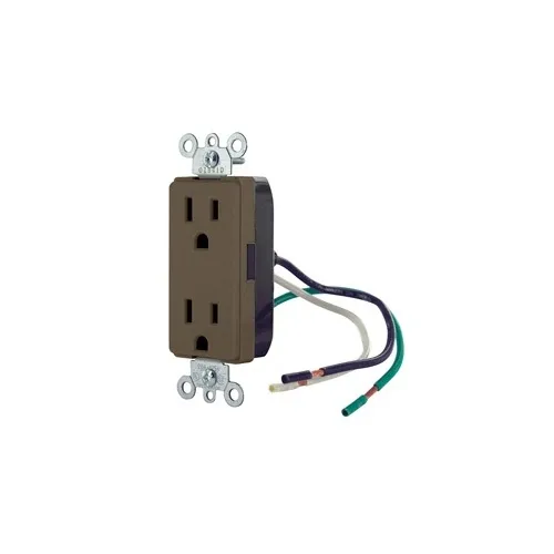Leviton 16252-L0 Decora Plus 2-Pole 3-Wire Duplex Receptacle Outlet, Commercial Grade, Smooth Face, 15A, 125V, Pre-Wired Leads, NEMA 5-15R, Self-Grounding, Brown