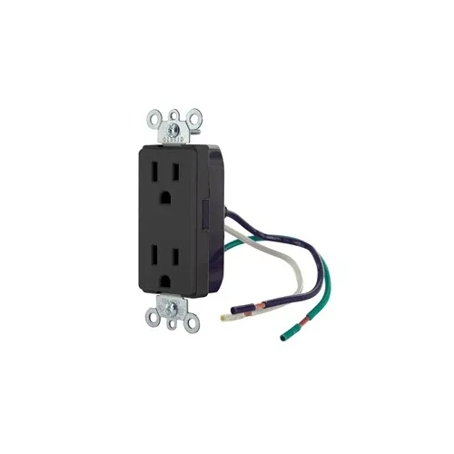 Leviton 16252-LE Decora Plus 2-Pole 3-Wire Duplex Receptacle Outlet, Commercial Grade, Smooth Face, 15A, 125V, Pre-Wired Leads, NEMA 5-15R, Self-Grounding, Black