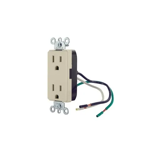 Leviton 16252-LI Decora Plus 2-Pole 3-Wire Duplex Receptacle Outlet, Commercial Grade, Smooth Face, 15A, 125V, Pre-Wired Leads, NEMA 5-15R, Self-Grounding, Ivory