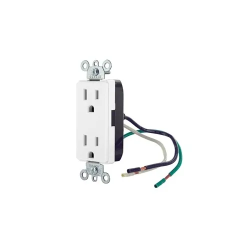 Leviton 16252-LW Decora Plus 2-Pole 3-Wire Duplex Receptacle Outlet, Commercial Grade, Smooth Face, 15A, 125V, Pre-Wired Leads, NEMA 5-15R, Self-Grounding, White