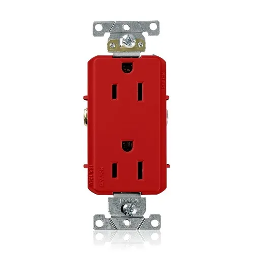 Leviton 16252-R Decora Plus 2-Pole 3-Wire Duplex Receptacle Outlet, Heavy-Duty Industrial Grade, Smooth Face, 15A, 125V, Back or Side Wire, NEMA 5-15R, Self-Grounding, Red