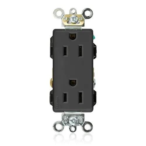 Leviton 16262-E Decora Plus 2-Pole 3-Wire Duplex Receptacle Outlet, Heavy-Duty Industrial Grade, Smooth Face, 15A, 125V, Back or Side Wire, NEMA 5-15R, Self-Grounding, Black