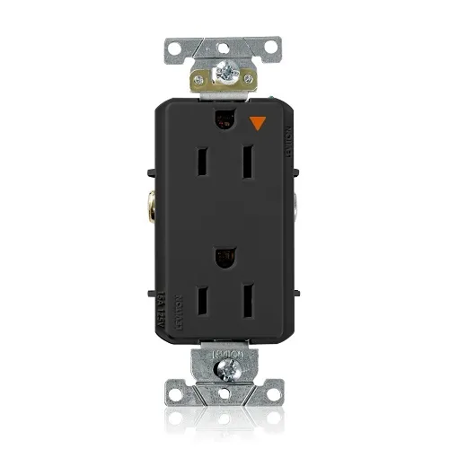 Leviton 16262-EIG Decora Plus 2-Pole 3-Wire Duplex Receptacle Outlet, Heavy-Duty Industrial Grade, Smooth Face, 15A, 125V, Back or Side Wire, Isolated Ground, NEMA 5-15R, Self-Grounding, Black
