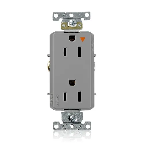 Leviton 16262-GIG Decora Plus 2-Pole 3-Wire Duplex Receptacle Outlet, Heavy-Duty Industrial Grade, Smooth Face, 15A, 125V, Back or Side Wire, Isolated Ground, NEMA 5-15R, Self-Grounding, Gray