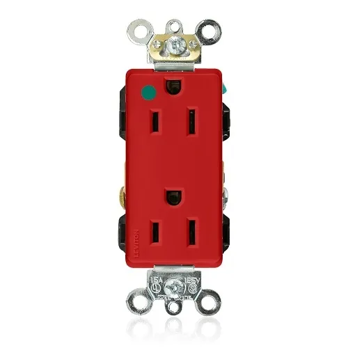 Leviton 16262-HGR Decora Plus 2-Pole 3-Wire Duplex Receptacle Outlet, Extra Heavy-Duty Hospital Grade, Smooth Face, 15A, 125V, Back or Side Wire, NEMA 5-15R, Self-Grounding, Red