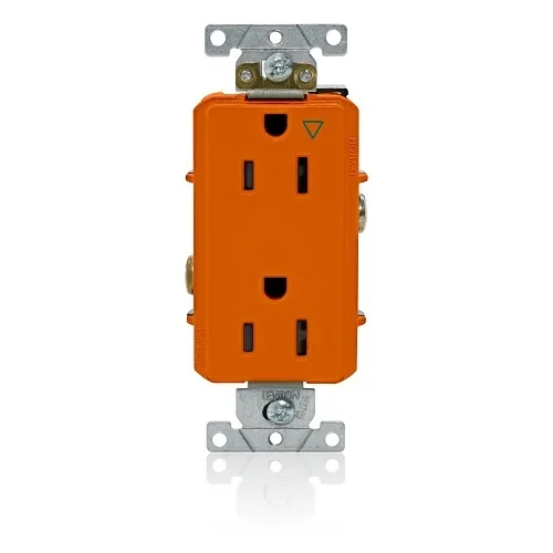 Leviton 16262-OIG Decora Plus 2-Pole 3-Wire Duplex Receptacle Outlet, Heavy-Duty Industrial Grade, Smooth Face, 15A, 125V, Back or Side Wire, Isolated Ground, NEMA 5-15R, Self-Grounding, Orange