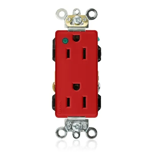 Leviton 16262-PLR Decora Plus 2-Pole 3-Wire Duplex Receptacle Outlet, Extra Heavy-Duty Hospital Grade, Smooth Face, 15A, 125V, Back or Side Wire, NEMA 5-15R, Self-Grounding, Red