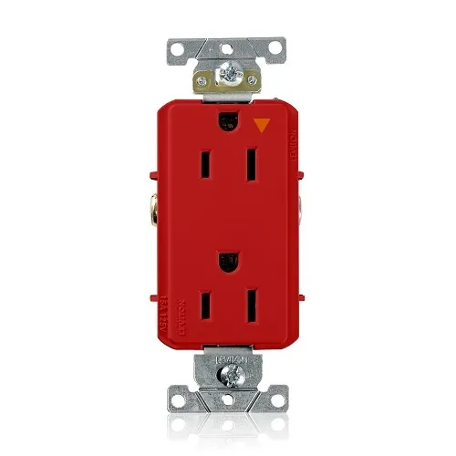 Leviton 16262-RIG Decora Plus 2-Pole 3-Wire Duplex Receptacle Outlet, Heavy-Duty Industrial Grade, Smooth Face, 15A, 125V, Back or Side Wire, Isolated Ground, NEMA 5-15R, Self-Grounding, Red