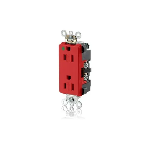 Leviton 16262-SGR Decora Plus Duplex Receptacle / Outlet, Hospital Grade, Tamper-Resistant, Self-Grounding, 15A, Red