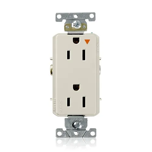 Leviton 16262-TIG Decora Plus 2-Pole 3-Wire Duplex Receptacle Outlet, Heavy-Duty Industrial Grade, Smooth Face, 15A, 125V, Back or Side Wire, Isolated Ground, NEMA 5-15R, Self-Grounding, Light Almond