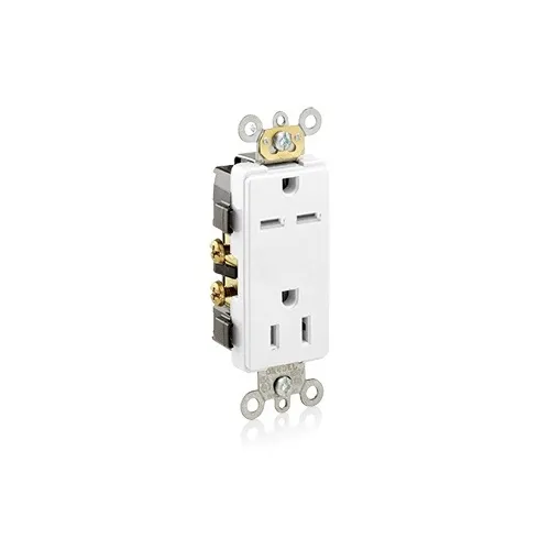 Leviton 16292-W Decora Plus 2-Pole 3-Wire Duplex Receptacle Outlet, Commercial Grade, Smooth Face, 15A, Dual Voltage 125/250V, Back or Side Wire, NEMA 5-15R 6-15R, Self-Grounding, White