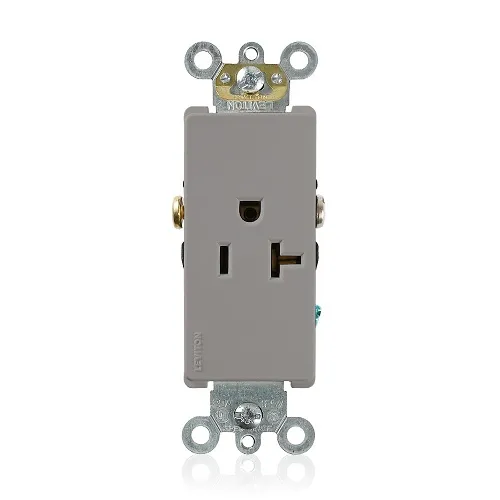 Leviton 16341-GY Decora Plus 2-Pole 3-Wire Single Receptacle Outlet, Commercial Grade, Smooth Face, 20A, 125V, Side Wire, NEMA 5-20R, Self-Grounding, Gray