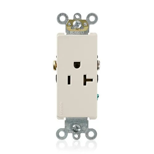 Leviton 16341-T Decora Plus 2-Pole 3-Wire Single Receptacle Outlet, Commercial Grade, Smooth Face, 20A, 125V, Side Wire, NEMA 5-20R, Self-Grounding, Light Almond