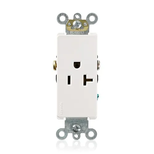 Leviton 16341-W Decora Plus 2-Pole 3-Wire Single Receptacle Outlet, Commercial Grade, Smooth Face, 20A, 125V, Side Wire, NEMA 5-20R, Self-Grounding, White