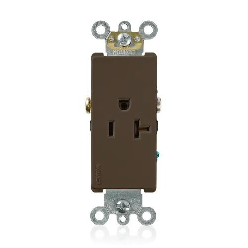 Leviton 16341 Decora Plus 2-Pole 3-Wire Single Receptacle Outlet, Commercial Grade, Smooth Face, 20A, 125V, Side Wire, NEMA 5-20R, Self-Grounding, Brown