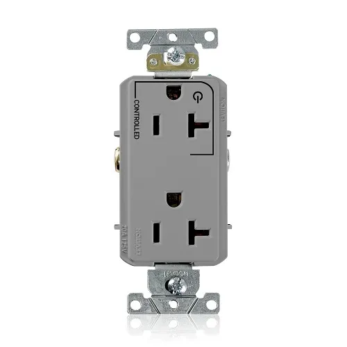 Leviton 16352-1PG Decora Plus Duplex Receptacle Outlet, 2-Pole, 3-Wire, Industrial Grade, 1-Outlet Marked "Controlled", 20A, 125V, NEMA 5-20R, Gray