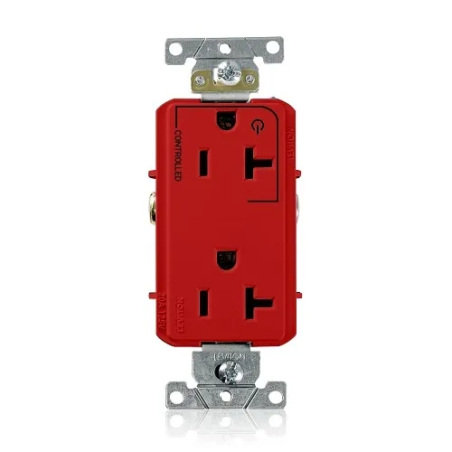 Leviton 16352-1PR Decora Plus Duplex Receptacle Outlet, 2-Pole, 3-Wire, Industrial Grade, 1-Outlet Marked "Controlled", 20A, 125V, NEMA 5-20R, Red