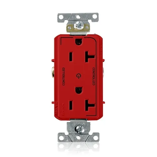 Leviton 16352-2PR Decora Plus Duplex Receptacle Outlet, 2-Pole, 3-Wire, Industrial Grade, 2-Outlet Marked "Controlled", 20A, 125V, NEMA 5-20R, Red