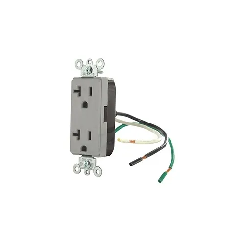 Leviton 16352-CGY 5-20R Decora Plus Duplex Receptacle Outlet, 2-Pole, 3-Wire, Commercial Grade, Pre-Wired Leads, 20A, 125V, NEMA 5-20R, Gray